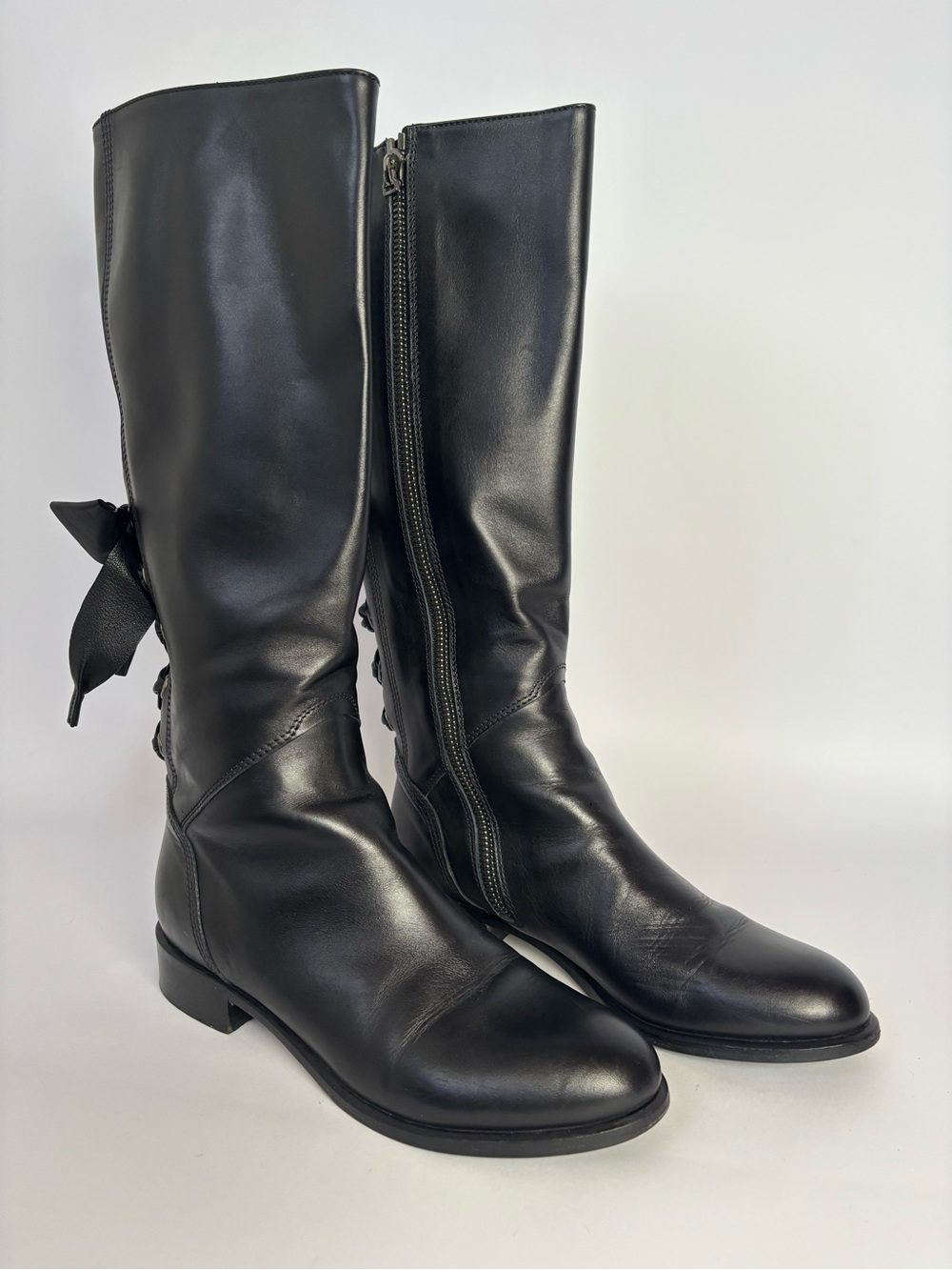Valentino Garavani Calfskin Bow Lace Up Back Knee High Boots 38.5